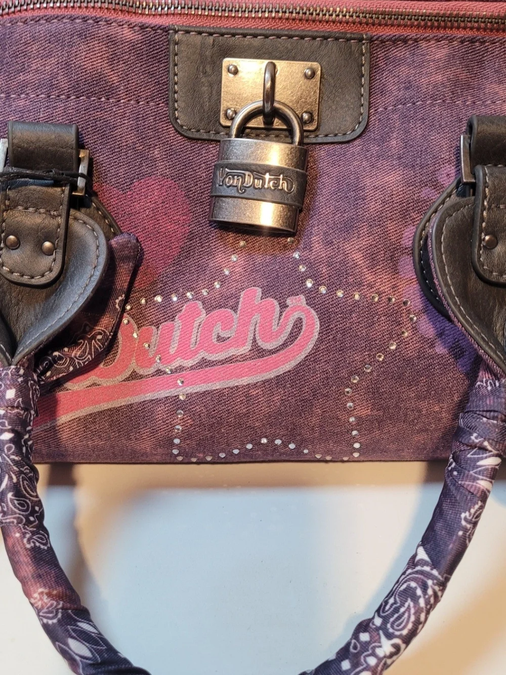 Von Dutch Purple and Pink Satchel with Logo and Bandana-Wrapped Handles